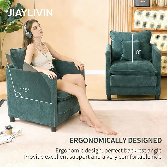Modern Living Room Accent Chair Comfy Reading Armchair Oversized Chenille Upholstered Single Sofa Chair with Pillow for Bedroom Office Apartment Home Theater Indoor (Dark Green)