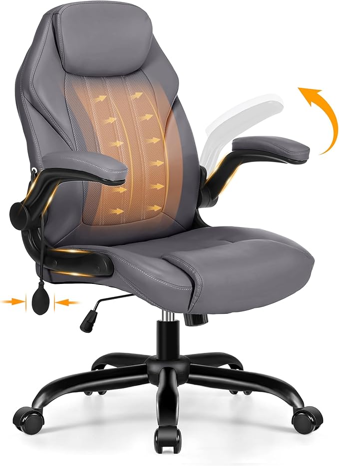 Office Desk Chair Ergonomic Computer Chair with Padded Flip-Up Arms and Adjustable Lumbar Support PU Leather Executive Chair with Tilt Lock and 360° Swivel Rolling Wheels for Work Study
