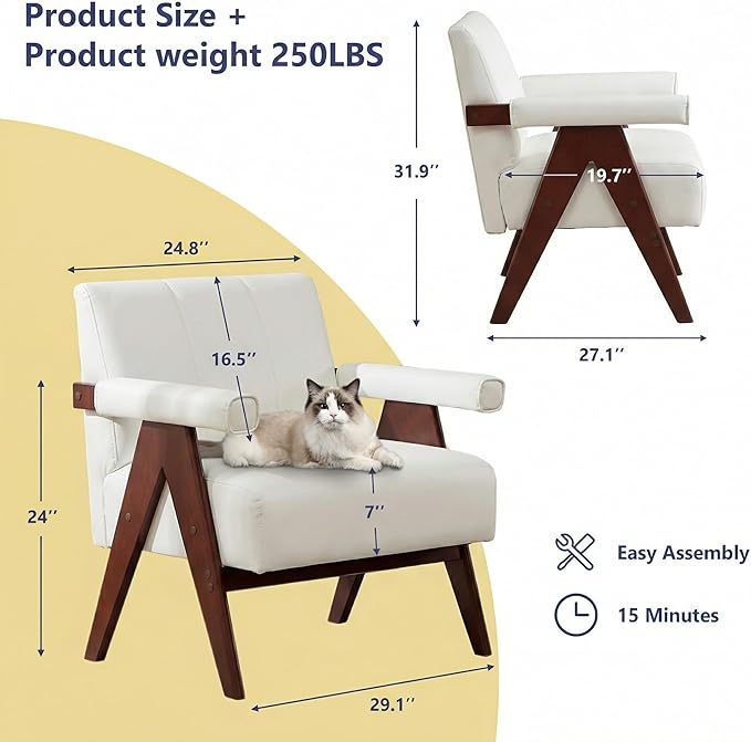 AODAILIHB Mid Century Modern Accent Chair Set of 2 Solid Wood Frame White Linen Armchairs Modern Reading &amp Living Room Chairs for Office Guest &amp Waiting Room