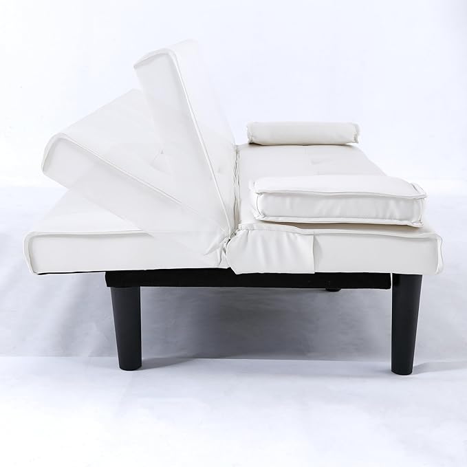 KEIKI 67 Convertible Sofa Bed with Cup Holder 3 in 1 Futon Sleeper Sofa Chair PVC Upholstered Sofa for Living Room or Office White