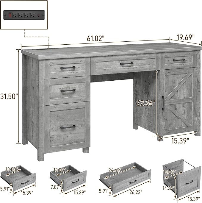 Farmhouse 61'' Executive Desk with 5 Drawers Rustic Office Desk Computer Desk with Charging Station File Drawers and Storage Cabinet Wood Workstation for Study and Home Office(Grey)