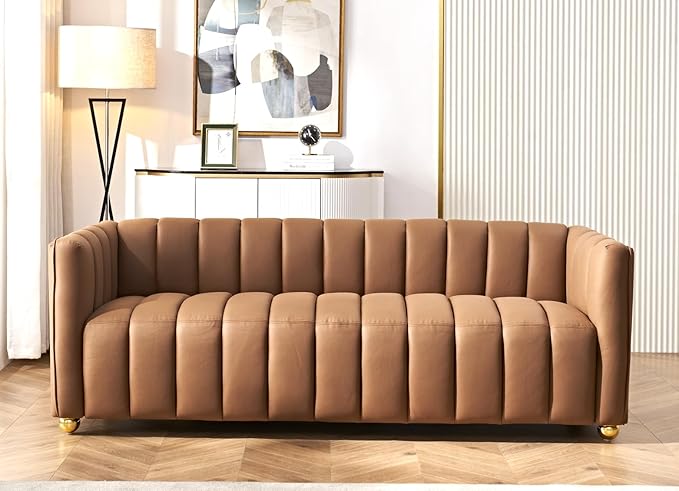 Direct Glam Fabric Upholstered Solid Wood Frame 82.7 Art Deco Sofa for Living Room Office Sophisticated 3 Seater Couch Brown