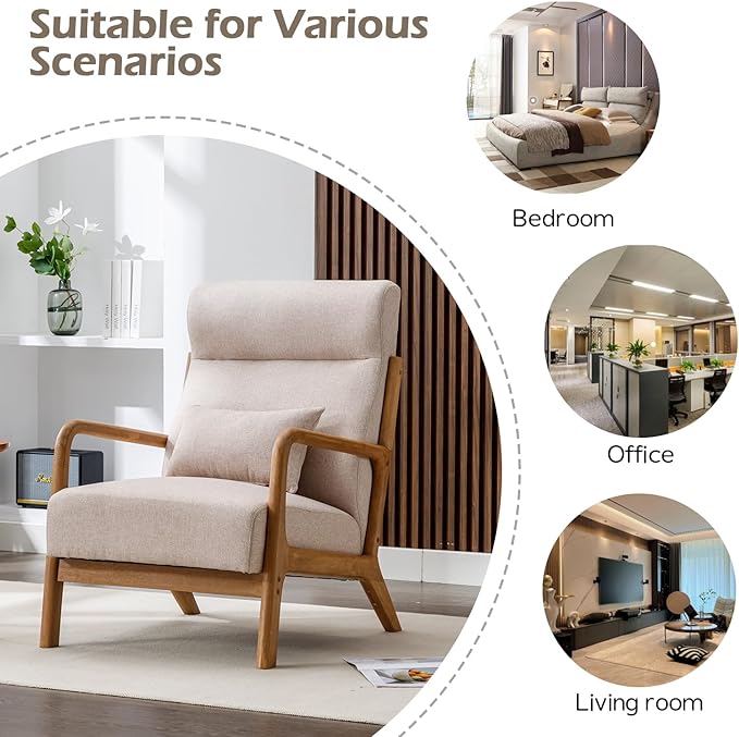 INZOY Mid Century Modern Accent Chair Set of 2 High Back Reading Armchair with Wood Frame Upholstered Living Room Chairs with Waist Cushion Single Lounge Arm Chair for Bedroom Sunroom Beige