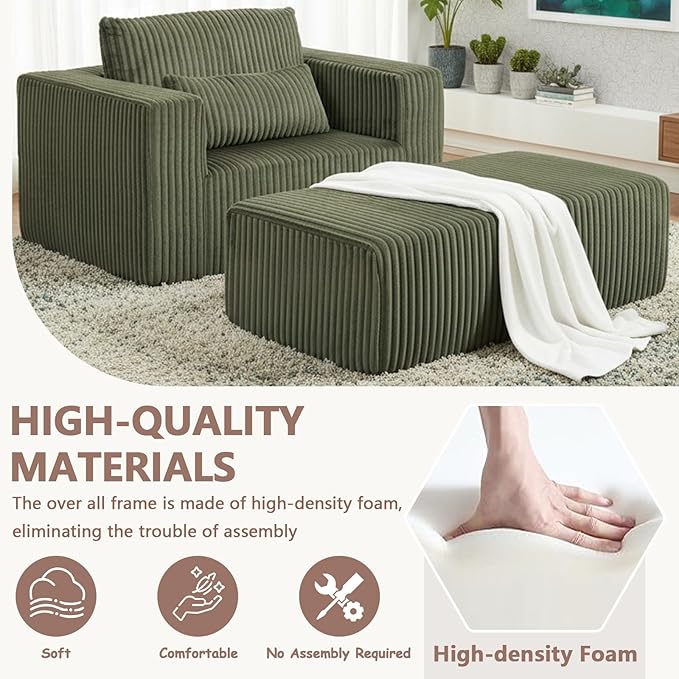 51 Oversize Chair &amp Boneless Chair with Ottoman Single Sofa with Ottoman for Living RoomOverstuffeds Chairs &amp Corduroy Chairs with Pillow and Wide Armret Memory Foam No Assembly (Green)
