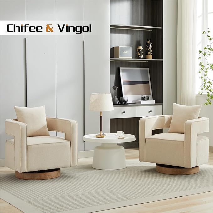 Chifee &amp Vingol 29.1 Linen Modern Swivel Accent Barrel Chair with Solid Wood BaseBeige