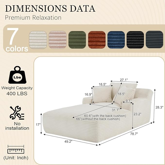 80 Inch Oversized Chaise Lounge Chair IndoorBoneless Corduroy Sofa Bed with Spring CushionDeep Seat Cloud Couch and Reading LoungerSoft Sleeper Sofa for Living RoomNo Assembly Required (White)