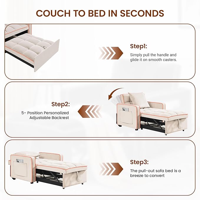 Convertible Sleeper Chair 68.5 Inch Futon Sofa Bed Single Sleeper Sofa Small Couch Bed with Side Pocket Adjustable Backrest for College Dorm Bedroom Studio Apartment