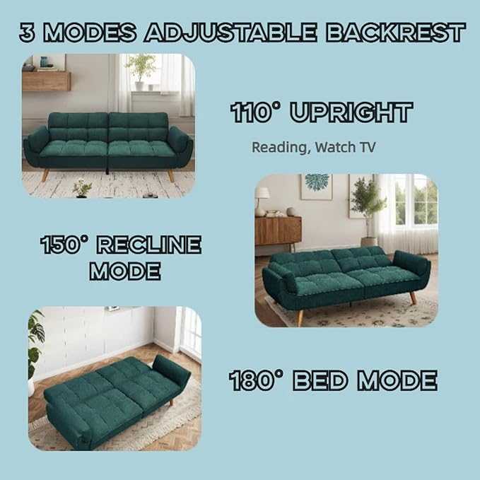 Convertible Futon Sofa Bed Modern Futon Couch with 2 Pillows Small Futons Couch with Adjustable Armrest &amp Backrest Loveseat Sofa Bed for Living Room Bedroom Green