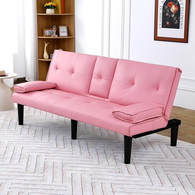 Pink Futon Couch &amp Convertible Futon Sofa Bed for Small Space 67 Loveseat Couches with Removable Armrests &amp 2 Cup Holders for Living Room Bedroom Dorm Apartment Easy Assemble (Pink)