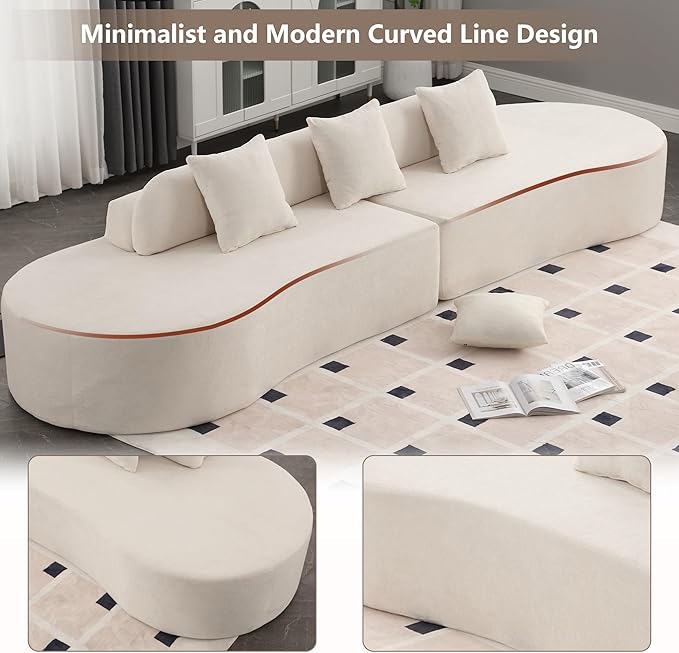 130.5” Curved Sofa for Living Room Cloud Sectional Couch Modern Boneless Lounge Sofa 4-Seater Beige Oversized Compressed Couch with 3 Pillows for Apartment Bedroom Office