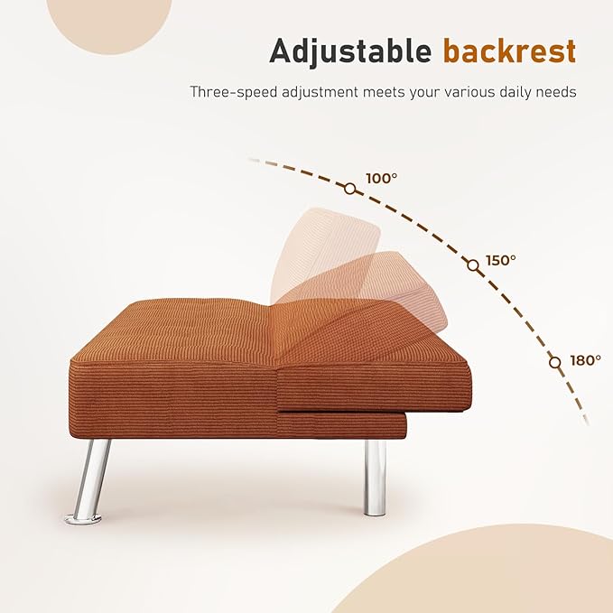 Furnimart Futon Sofa Bed 66 Corduroy Convertible Futon Couch with 3-Position Adjustable Backrest Solid Wood Frame Sleeper Sofa for Small Space Living Room Apartment Office Burnt Orange