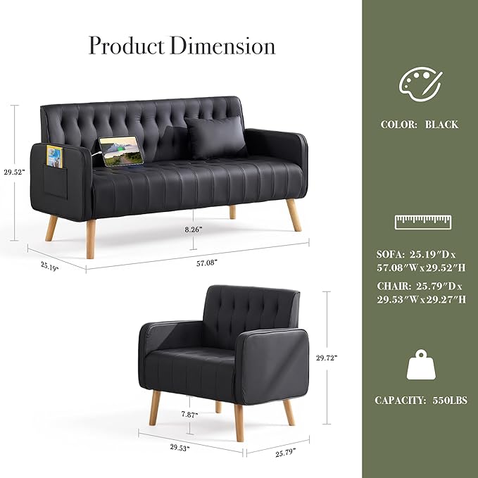 Black Leather Loveseat and Accent Chair Set of 2 Small Couch w/USB Charging &amp Pockets Mid Century Modern Tufted Love Seat and Chair Set Mini Office Sofa for Living Room Apartment