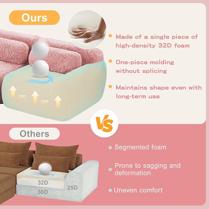 114 Modern Modular Boneless Sectional Couches for Living Room 3 Seater Deep Seat Compressed Sofa No Assembly Required Plush Fabric Fabric Cloud Comfy Sofa Set Pink