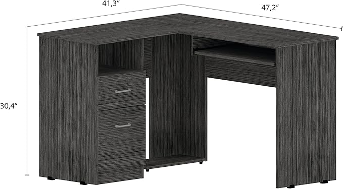 Smokey Oak L-Shaped Desk with 2 Drawers &amp Open Shelf - Home Office Workstation