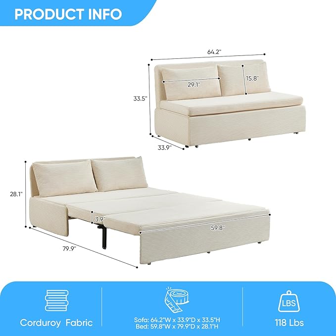 Mjkone 64 Width Sofa Bed Queen Size with Pull Out Couch Beds 2-in-1 Modern Corduroy Living Room Pull Out Sleeper Sofa Bed Couch with Cushions and Throw Pillows for Apartment Home Office Beige