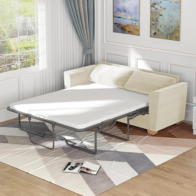 BALUS Velvet Full Size Pull Out Sofa Bed 71 W 2-in-1 Convertible Sleeper Sofa Pullout Couch Bed with Memory Foam Pillows and Mattress for Living Room Furniture Office Apartment Small Space Beige