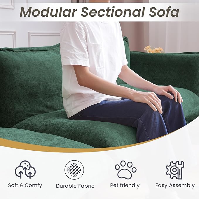 WJShome Modular Velvet Sectional Sofa with Chaise 74 Modern L-Shaped Couch for Living Room 3-Seater Sofa with Removable Cushions and 8 High Metal Legs Easy to Clean Green