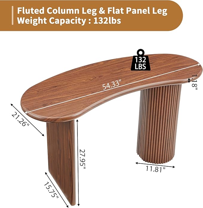 LEVNARY 54.3 Curved Small Computer Desk Wooden Executive Desk with Sturdy Fluted Legs Modern Luxury Corner Single Writing Vanity Desk for Bedroom Living Room Home Office (Walnut)