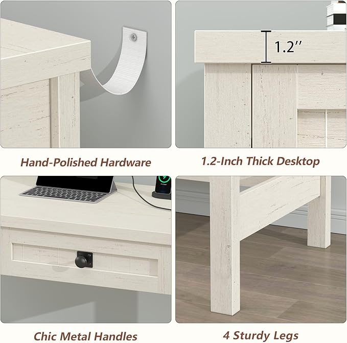 Farmhouse Computer Desk with 2 Drawers 39 Inch Small Office Computer Desk with Power Outlets Compact Writing Study Vanity Desk for Small Spaces White