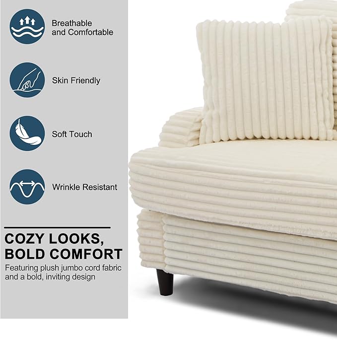 80 Inch Sofa Couch Comfy Love Seat Couches for Living Room Mid Century Modern Oversized Two Seater Couch Plush Corduroy Deep Seat Sofas for Bedroom Small Space Apartment Beige