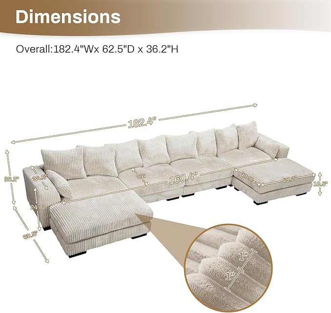 Legend Vansen Modular Sectional Couch Upholstered Corduroy Sofa with Deep Seat and Widened ArmrestsComfy Sectional Couches for Living RoomBedroom (Cream 6 Seat Sofa)