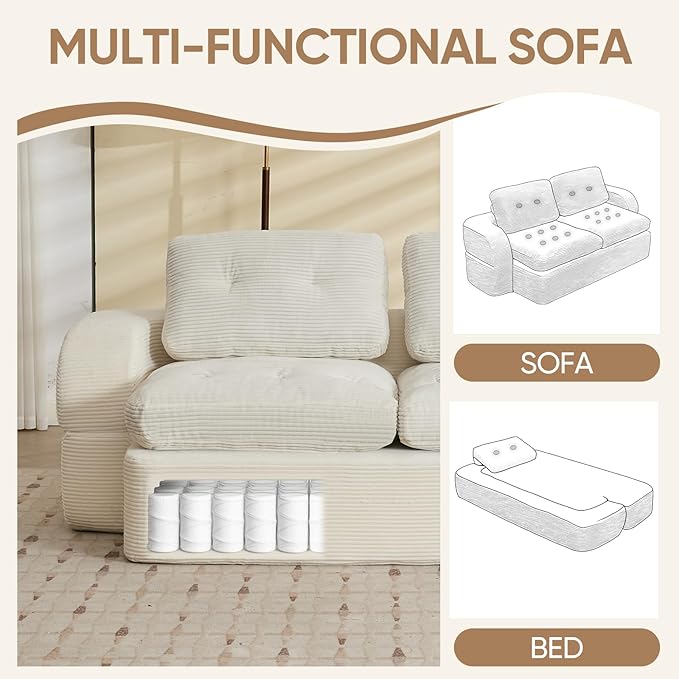 Sofa Bed Couch Convertible Futon Sofa Bed Foldable Boneless Couch No Assembly Love Seat Mattress Sleeper for Living Room Bedroom Apartment Beige