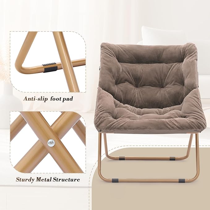Athena Collection Comfy Saucer Chair and Ottoman Set for Adult Comfortable Faux Fur Square Oversize Folding Reading Chair with Metal Leg Lazy and Cozy for Bedroom Living Room Beige