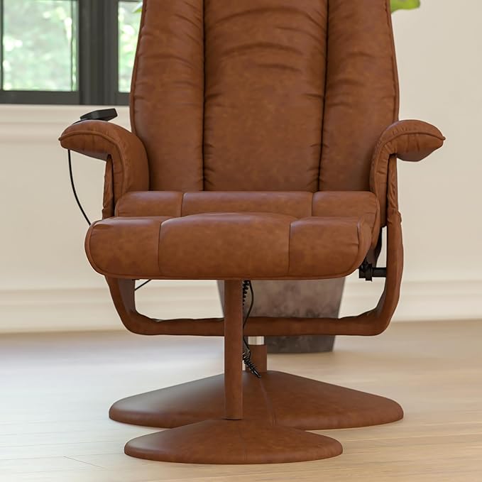 Flash Furniture Hall Massaging Heat Controlled Adjustable Recliner and Ottoman with Wrapped Base in Brown LeatherSoft