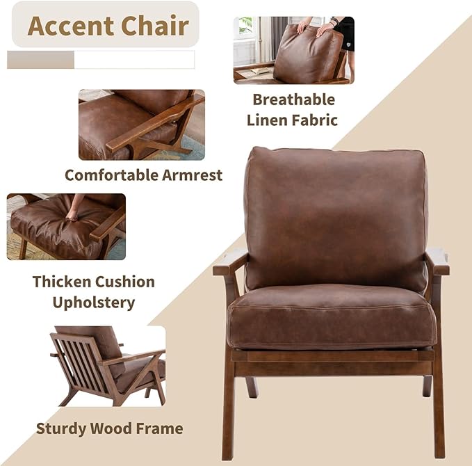 Mid Century Modern Accent Chair with Ottoman Farmhouse PU Upholstered Living Room Armchair and Ottoman Set 23 Seat Wide Retro Leisure Lounge Chair with Wood Frame for Home Bedroom Office Brown