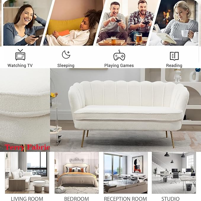 Modern Boucle Loveseat CouchFuton Small Sofa with Gold Metal Legs 2-Seater Upholstered Mini Sofa Couches for Small SpaceLiving Room Bedroom Office Dorm Studio Apartment Love Seat Couche(White)