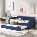 Blue Linen Upholstered Daybed with Trundle Twin Size French Country Style Sofa Bed for Living Room &amp Guest Room Wood Slat Support