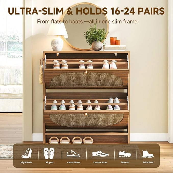 Nicetree Rattan Arched Accent Shoe Storage Cabinet - Freestanding Ultra Slim for Entryway 2 Flip Drawers &amp 3-Tier Adjustable Shelves Farmhouse Modern Rustic Shoe Rack for Hallway Foyer Living
