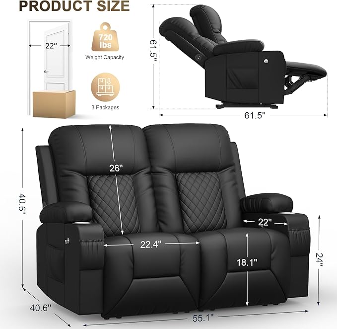 YONISEE Loveseat Recliner Loveseat Recliner Sofa with Storage Recliner Chair with USB Ports 2 Cell Phone Holders Cup Holder Loveseat Couch for Living Room Home Theater Seating