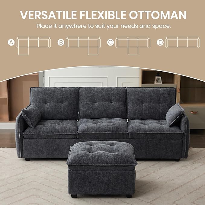 Modular Sectional Sofa 98'' Comfy Chenille L Shaped Sectional Cloud Couch with Movable Ottoman 4 Seater Deep Seat Sofa Sleeper with Throw Pillows for Living Room Office (Grey-Blue 3-seat)