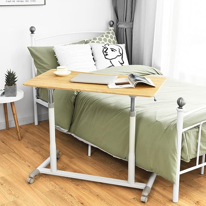 Tangkula Mobile Standing Desk Computer Desk Height Adjustable Stand Up Table with 4 Wheels Rolling Compact Standing Desk with Steel Frame MDF PVC Tabletop Ideal for Home Office (Natural)
