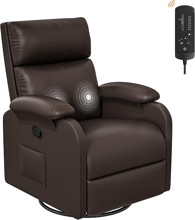 Homall Recliner Chair 360 Swivel Rocking Chair for Adults Massage Nursery Chair with Adjustable Backrest and Footrest PU Leather Glider Rocker Recliners with Side Pocket for Living Room (Brown)