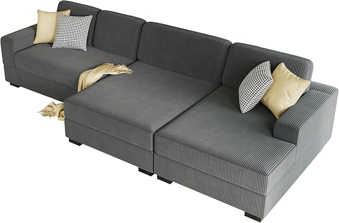 AMERLIFE 137 Inch Oversized Sectional Sofa Large Double Chaise Couch Comfy Sofa Couch with Right Chaise Grey Corduroy Sofa