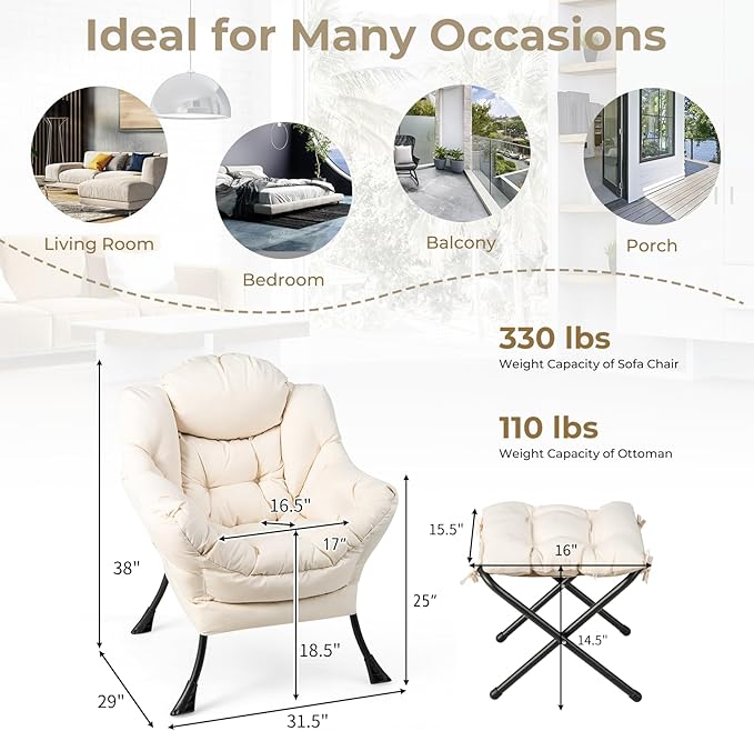 KOMFOTT Lazy Chair with Ottoman Set of 2 Leisure Upholstered Reading Sofa Chair with Armrests &amp Side Pocket Modern Lounge Accent Chair with Folding Footrest for Living Room Bedroom Balcony Be