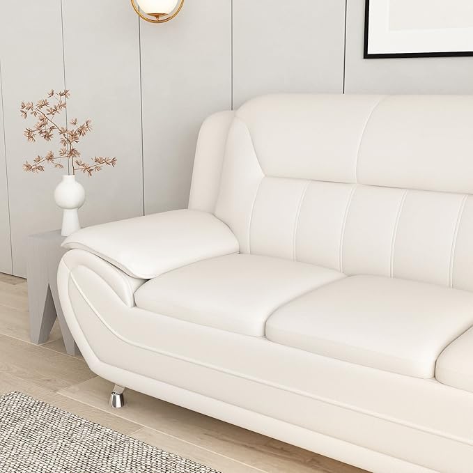 Michael Modern Faux Leather Upholstered Stainless Steel Legs Living Room Sofa Cream White