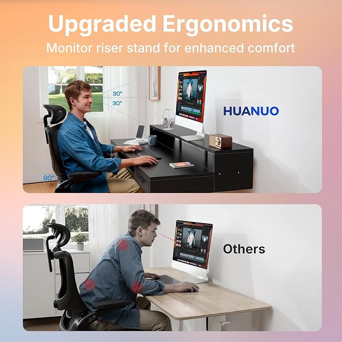HUANUO 55″ x 26″ Electric Standing Desk with 2 Drawers &amp24.4″ Large Keyboard Tray C-Clamp Mount Compatible Adjustable Computer Desk for Office Sit Stand Up Desk with 4 Height Presets Black