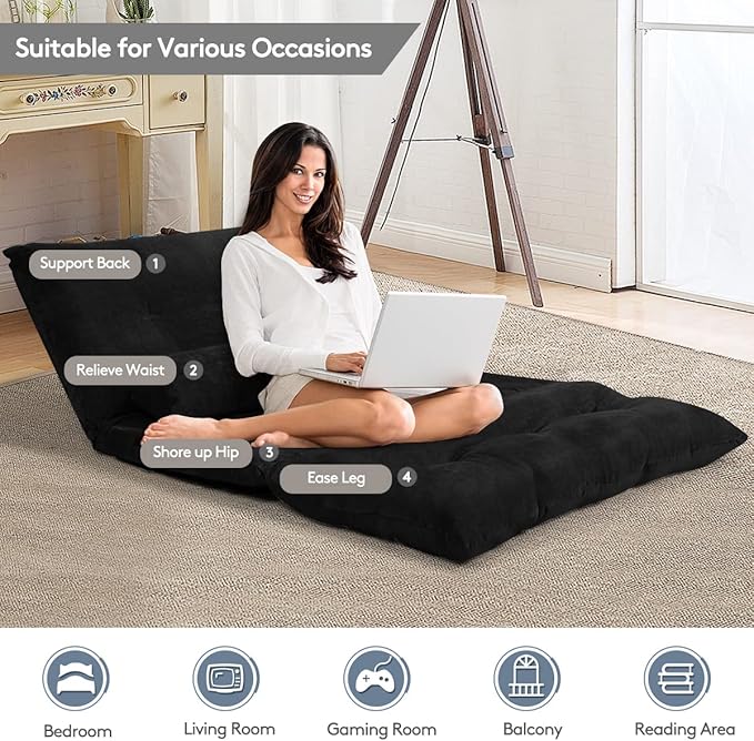 Giantex Adjustable Floor Sofa Couch with 2 Pillows Multi-Functional 6-Position Foldable Lazy Sofa Sleeper Bed Multi-Functional Suede Floor Seating for Reading Gaming (Black)