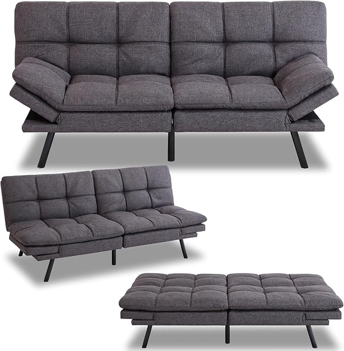 MUUEGM Futon Sofa Bed Couch Memory Foam Futon Convertible Couch Bed SleeperModern Love Seat Daybed Sofa for Living RoomSmall SpaceOffice71Adjustable Backrests ArmrestsGrey