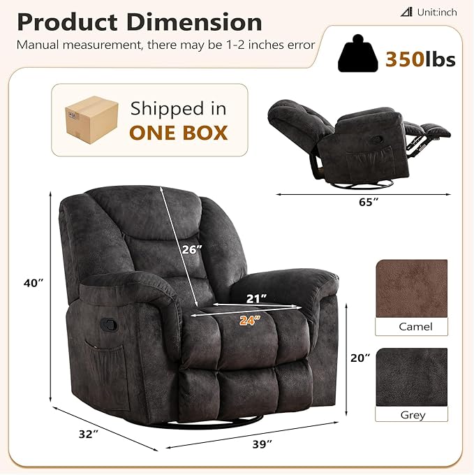 ANJ Rocking Recliner Chair Oversized Swivel Rocker Recliners Comfy Glider Rocking Chairs for Big Man Extra Wide Recliners Overstuffed Reclining Chair for Living Room Grey
