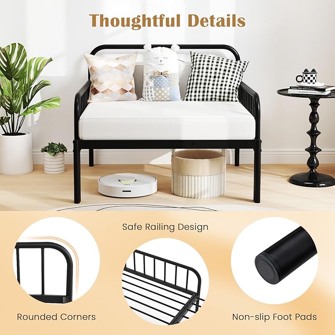 Giantex Metal Twin Bed Frame Convertible Sofa Bed with Headboard &amp Armrests Pull-Out Sleeper Chair Bed for Small Spaces Dorm Guest Apartment Suitable for Folding Sofa Mattress (Black)