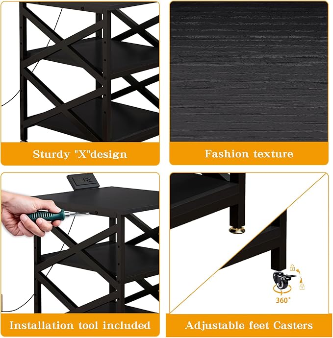 Large Printer Stand with Power Outlet with Height Adjustable Storage Shelf 3 Tier Rolling Printer Cart with Industrial Wheels 23.6 x 23.6 Inches Printer Table for Home OfficeBlack