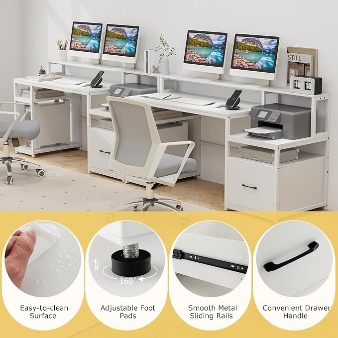 Tangkula Computer Desk with Power Outlets 66” Computer Workstation with Monitor Stand CPU Stand Printer Shelf &amp File Drawer Writing Table Gaming Desk for Home Office (White)