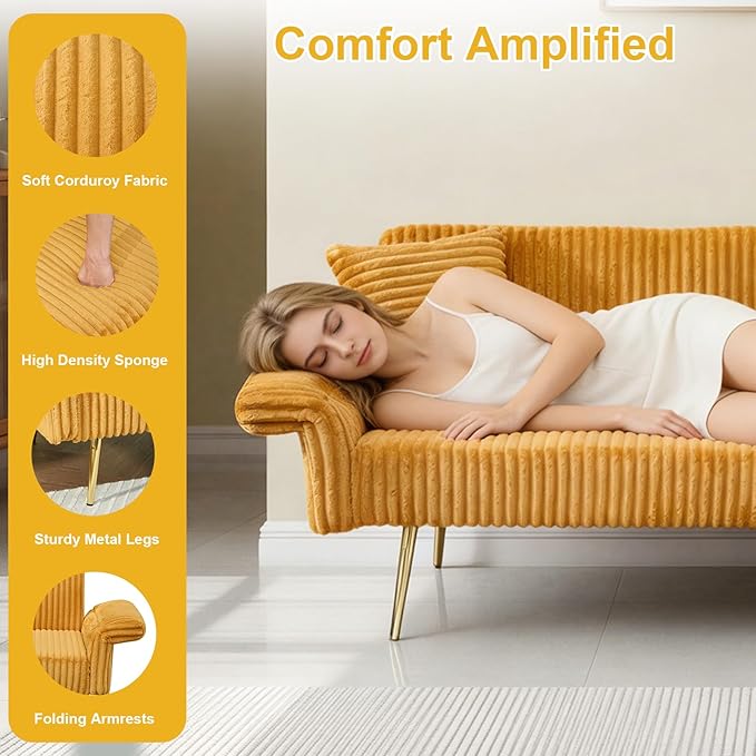 Rovibek Futon Loveseat Sofa Bed Modern Corduroy Futon Couch with Adjustable Backrest 2 Pillows Convertible Futon Sofa for Small Spaces Living Room Apartment Guest Room Yellow