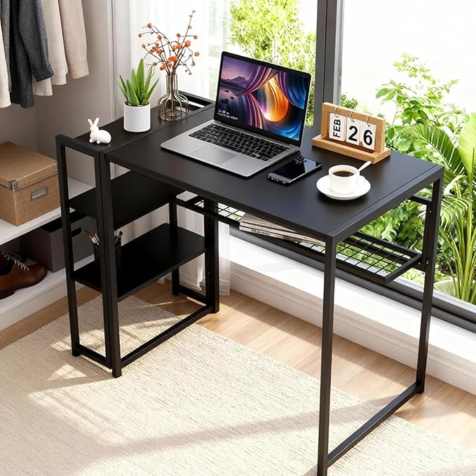 PioneerWorks 35-Inch Home Office DeskFolding Computer Desk with 3 Storage ShelfHome Computer Table Gaming Desk for Bedroom Home Office Dorm Apartmen Study Gaming WritingBlack