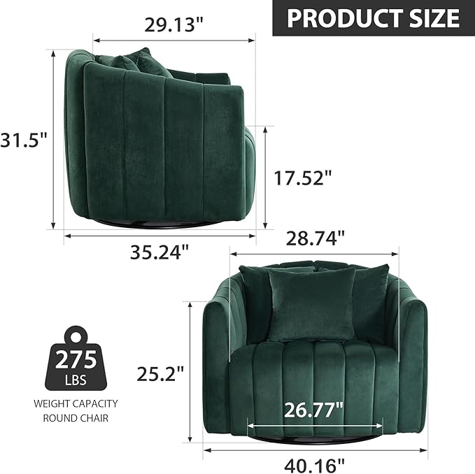 Chifee &amp Vingol 40.16 W Swivel Accent Barrel Chair Velvet Round Barrel Chair with 3 Pillows 360 Degree Swivel Armchair for Living Room Bedroom Green