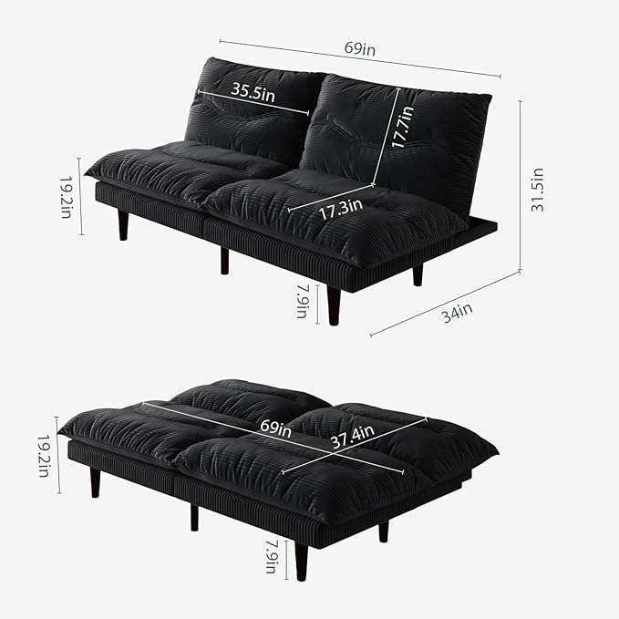 Futon Sofa Bed 69 inch Futon Couch with Adjustable Backrest Corduroy Convertible Sleeper Sofa Bed Folding Sleeper Recliner for Apartment Living Room Office Black